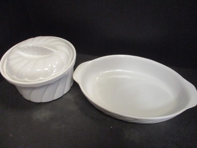 White Ceramic Covered Casserole Baker and Oblong Casserole Dish: 8" and 13" 