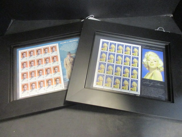 Framed Legends of Hollywood "Marilyn Monroe" and "Humphrey Bogart": First Issue Stamps, 13 3/8" x 11 1/4" each 