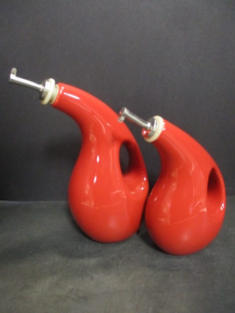 2 Rachel Ray Red Ceramic Oil and Vinegar Dispensing Bottles: 7 3/4" and 9 1/2" 