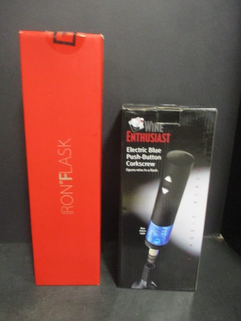 Wine Enthusiast Electric Blue Push-Button Corkscrew in Original Box and: Iron Flask Fire Red Metal Bottle in Original Box