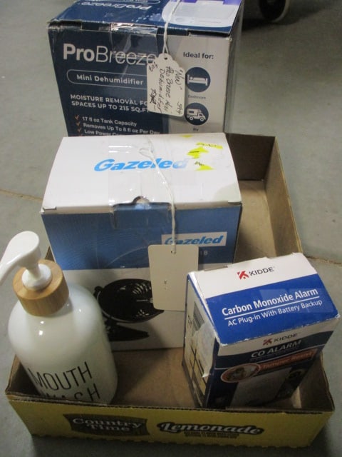 ProBreeze Mini Dehumidifier, Gazeled Battery-Operated Clip Fan, Kidde CO Alarm,: and Mouth Wash Dispenser 