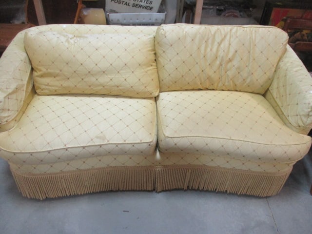 Vintage Silk Upholstered Rolled Arm Loveseat with Fringe Skirt (1 of 5)