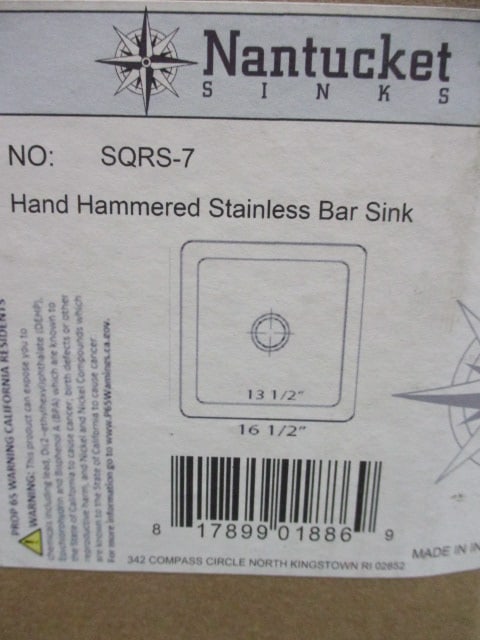 New Old Stock Nantucket Sinks Hand-Hammered Stainless Bar Sink: #SQRS-7 