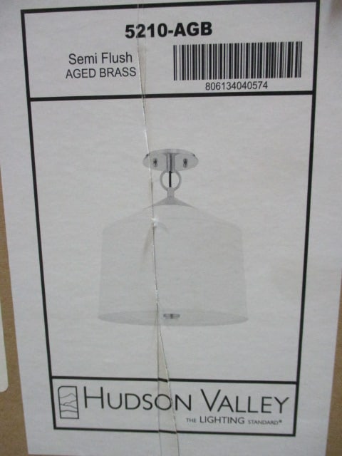 New Old Stock Hudson Valley Semi Flush Aged Brass Ceiling Light: #5210-AGB 