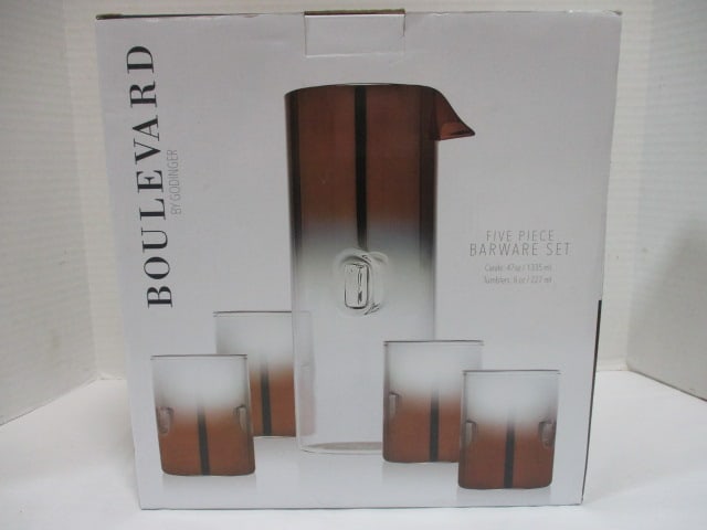 New Old Stock Boulevard by Godinger 5-Piece Barware Set: 47 oz Carafe and (4) 8 oz Tumblers 
