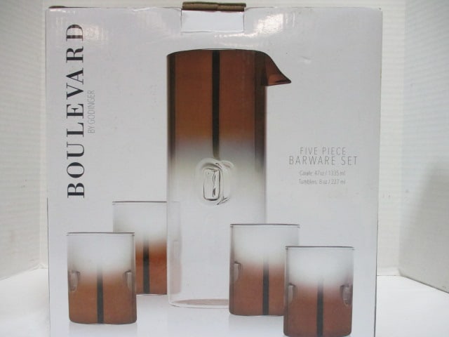 New Old Stock Boulevard by Godinger 5-Piece Barware Set: 47 oz Carafe and (4) 8 oz Tumblers 