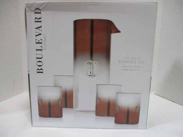 New Old Stock Boulevard by Godinger 5-Piece Barware Set: 47 oz Carafe and (4) 8 oz Tumblers 