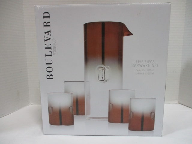 New Old Stock Boulevard by Godinger 5-Piece Barware Set: 47 oz Carafe and (4) 8 oz Tumblers 