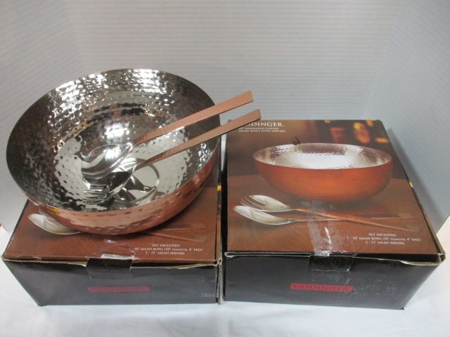 2 New Old Stock Godinger 10" Hammered Copper Bowls with Servers: one box is open 