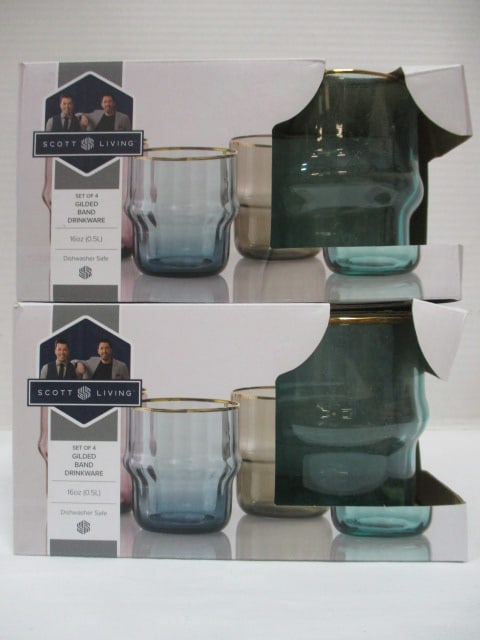 2 New Old Stock Scott Living Gilded Band 16 oz Drinkware 4-Piece Sets: .