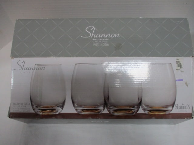 New Old Stock Shannon Crystal by Godinger "Maestro Gold" Stemless Wine Glass: 4-Piece Set 