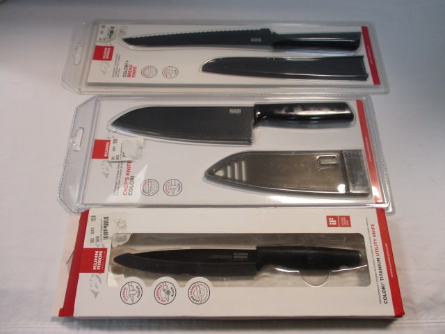 3 New Old Stock Kuhn Rikon Kitchen Knives - Chef, Utility, and Bread: . 