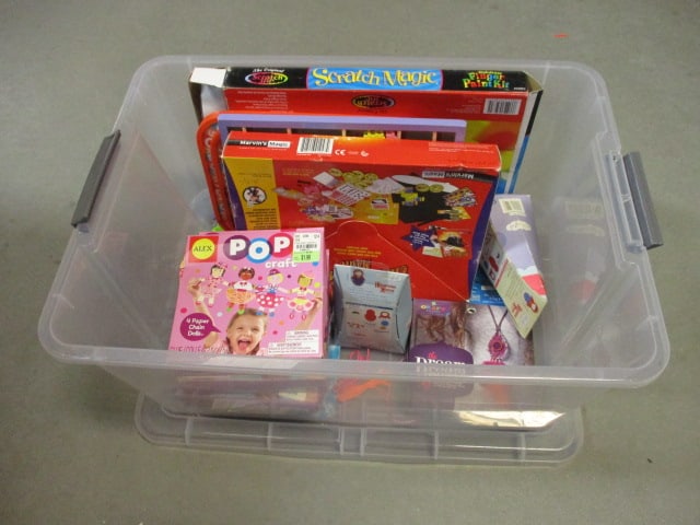 Lot of Children's Crafts and Games in Plastic Storage Container: see pictures and preview for selection and condition