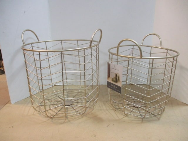 2 New Old Stock Dwell Studios Gold Metal Storage Baskets: 14" and 15" 