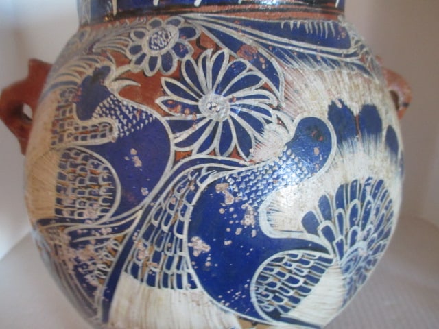 Mexican Pottery Handpainted Peacock Design Footed Vessel - 11