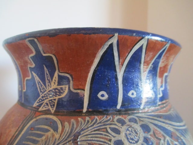 Mexican Pottery Handpainted Peacock Design Footed Vessel - 12