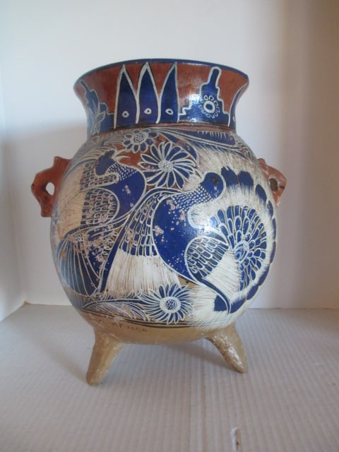 Mexican Pottery Handpainted Peacock Design Footed Vessel (1 of 13)