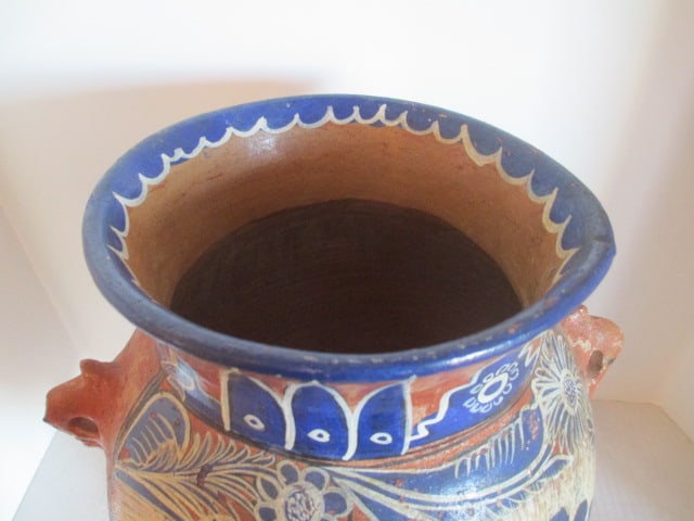 Mexican Pottery Handpainted Peacock Design Footed Vessel - 2