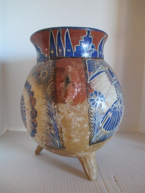 Mexican Pottery Handpainted Peacock Design Footed Vessel - 3