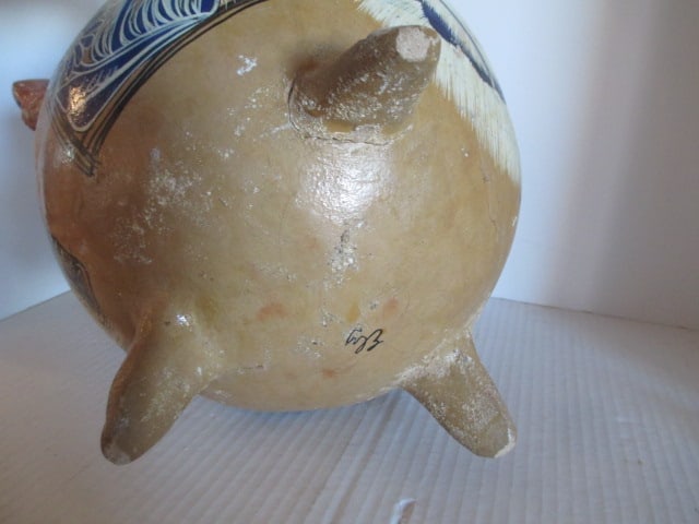 Mexican Pottery Handpainted Peacock Design Footed Vessel - 7