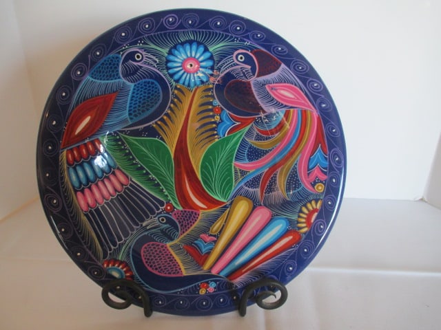 Handpainted Mexican Peacock Terra Cotta Plate: 12 1/4" dia 