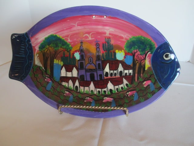 Handpainted Terra Cotta Fish Shape Mexican Plate (1 of 6)