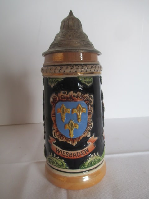 German Stein with Pewter Lid and Four Miniature Germany Stoneware Souvenir Steins - 10