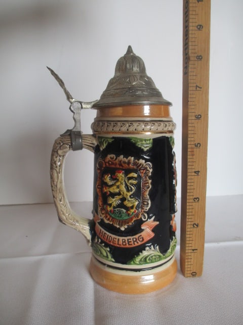 German Stein with Pewter Lid and Four Miniature Germany Stoneware Souvenir Steins - 11