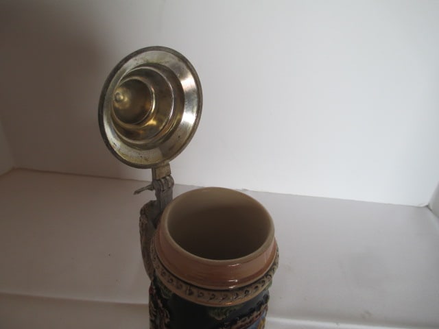 German Stein with Pewter Lid and Four Miniature Germany Stoneware Souvenir Steins - 12