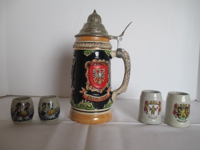 German Stein with Pewter Lid and Four Miniature Germany Stoneware Souvenir Steins (1 of 13)