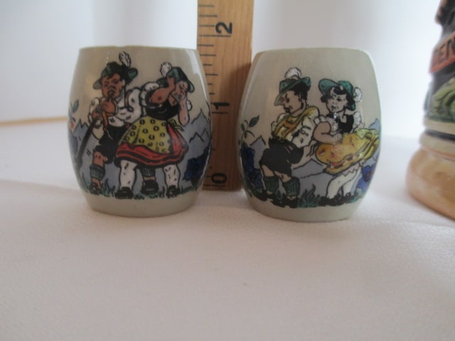 German Stein with Pewter Lid and Four Miniature Germany Stoneware Souvenir Steins - 2