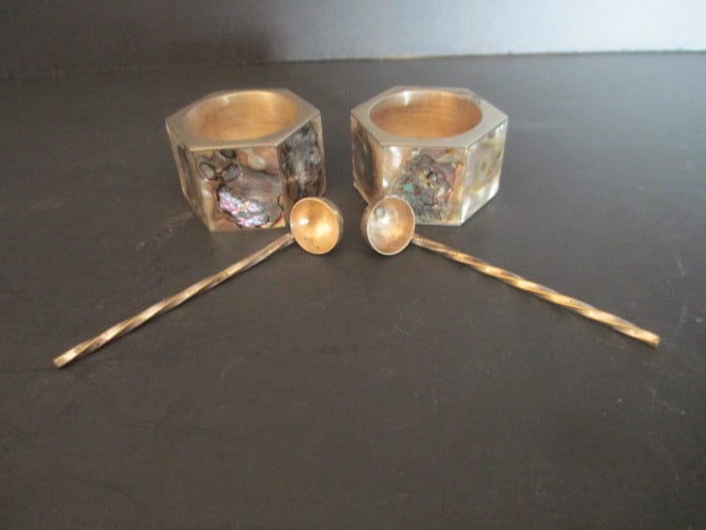 Pair of Mexican Silver and Abalone Shell Salts with Spoons: . 
