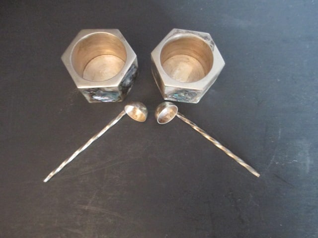 Pair of Mexican Silver and Abalone Shell Salts with Spoons - 2