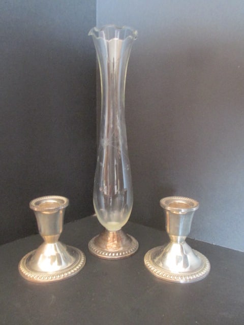 Duchin Weighted Sterling Candle Holders and Etched Glass Bud Vase with Weighted (1 of 9)