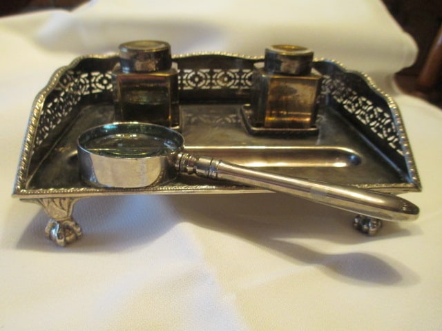 International Silver Co. Silverplate Ink Well Set and Magnifying Glass: .