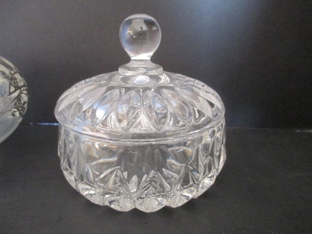Sterling Overlay Footed Glass Dish, Crystal Vanity Dish and Art Glass Divided Box - 2
