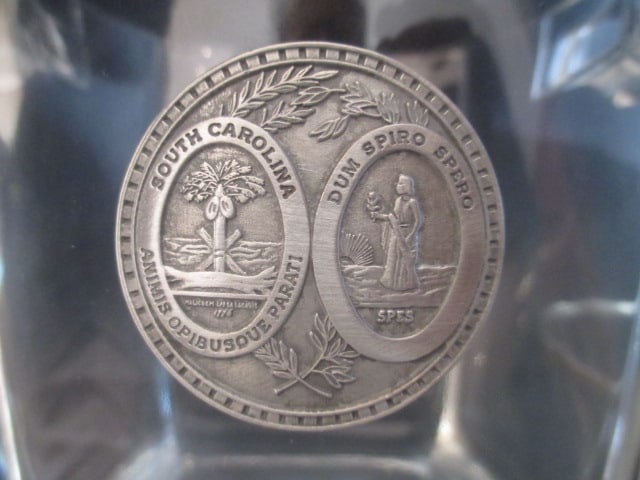 Glass Ice Bucket with Pewter State Seal of South Carolina Emblem and Pair of Ice Tongs - 3