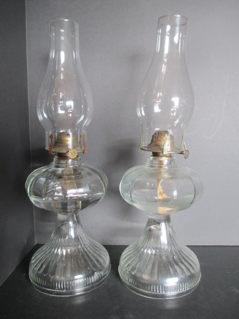 Pair of Pressed Glass Oil Lamps: 18 1/2"h, No Shipping, Local Pickup Only