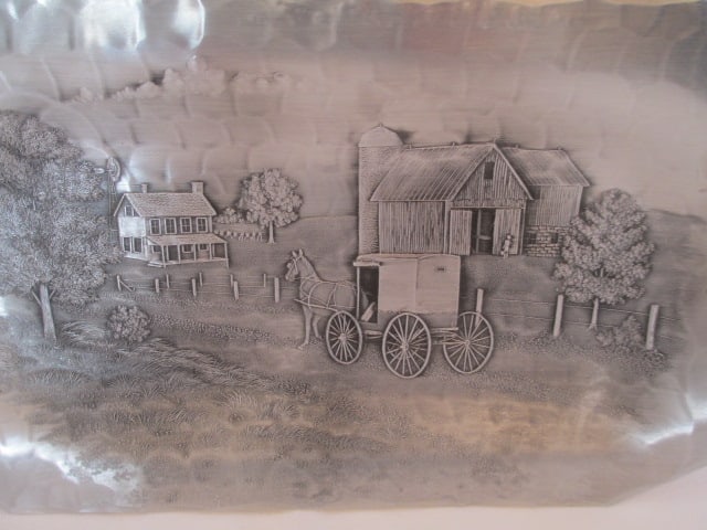 Vintage Wendell August Hand Forged Hand Hammered Amish Farm Scene Aluminum Tray - 2