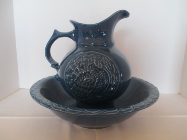 Vintage McCoy Blue Glazed Turkey Relief Design Pitcher and Wash Basin: Pitcher 9 1/2"h, wash basin 12"dia x 3"h 