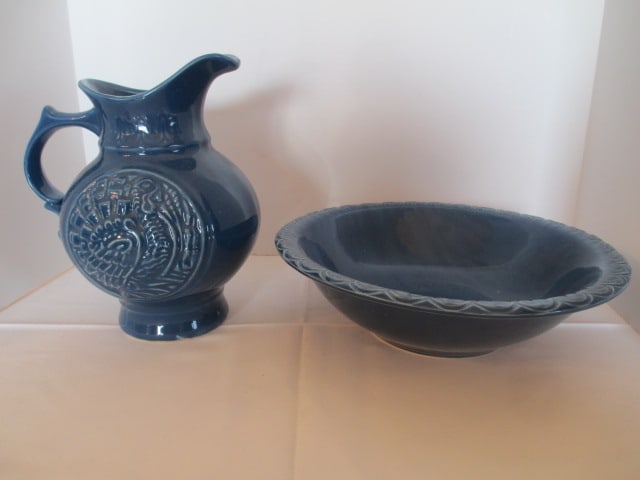 Vintage McCoy Blue Glazed Turkey Relief Design Pitcher and Wash Basin - 2