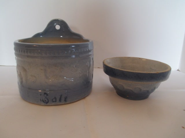 Antique Salt Glaze Salt Box and Small Mixing Bowl: Salt box 6"dia, bird relief design, chip on rim, Bowl 5 1/4"dia x 2 1/2"h, crazing and hair line cracks 