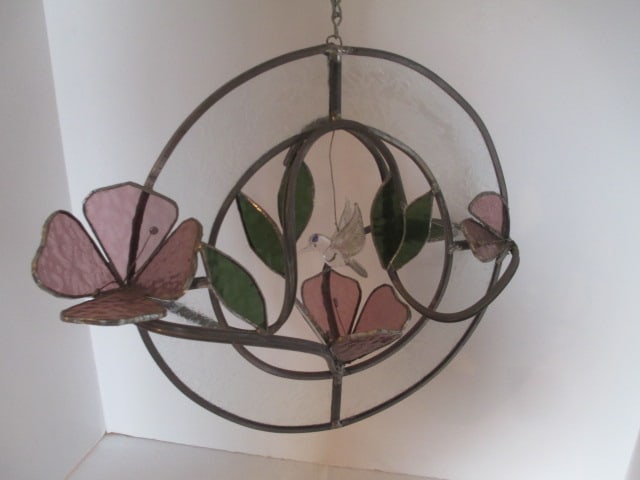 3-D Stained Glass Hummingbird and Flower Hanger: approx. 12"dia 