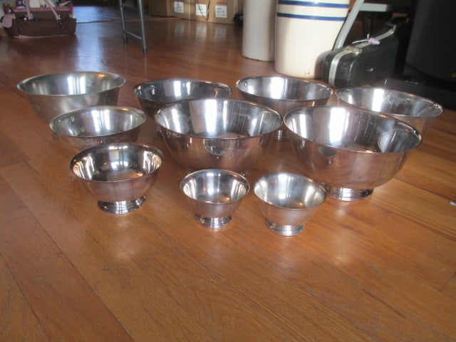 Grouping of Various Size Silverplate and Pewter Revere Bowls (1 of 5)