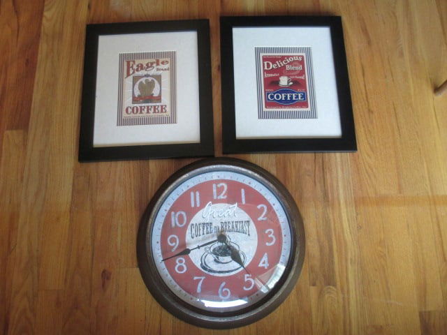Two Framed and Matted "Coffee" Themed Prints and Quartz Wall Clock: Prints 12" x 14", Clock 13"dia-untested needs battery
