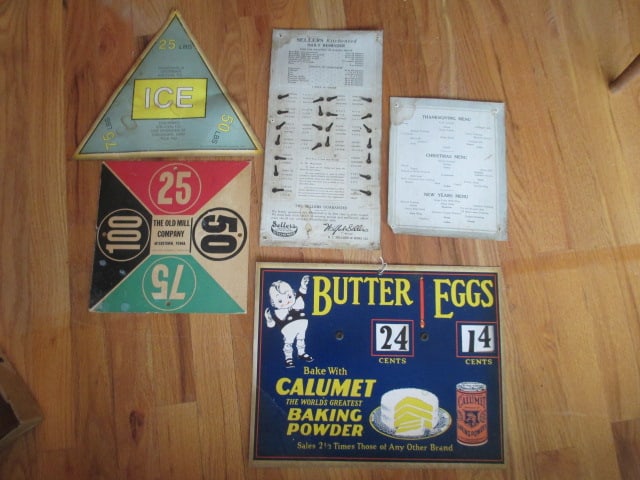 Five Antique Cardboard General Store and Ice Co. Signs: . 