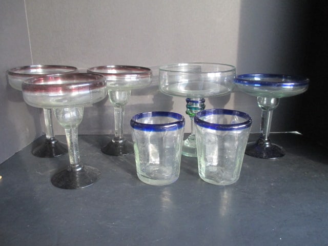 Hand Blown Art Glass Tumblers and Cocktail Glasses: (2)4"h tumblers, (3)Amber rimmed 6 1/2"h cocktail stems, (2)Blue rimmed 6"h cocktail stem and (1)6 1/2" reeded stem cocktail glass 
