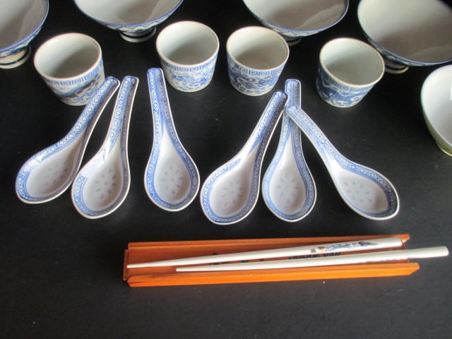 Chinese Porcelain Rice Bowls, Spoon, Teacups and Chop Sticks - 2