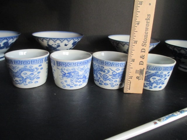 Chinese Porcelain Rice Bowls, Spoon, Teacups and Chop Sticks - 3