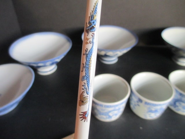 Chinese Porcelain Rice Bowls, Spoon, Teacups and Chop Sticks - 4